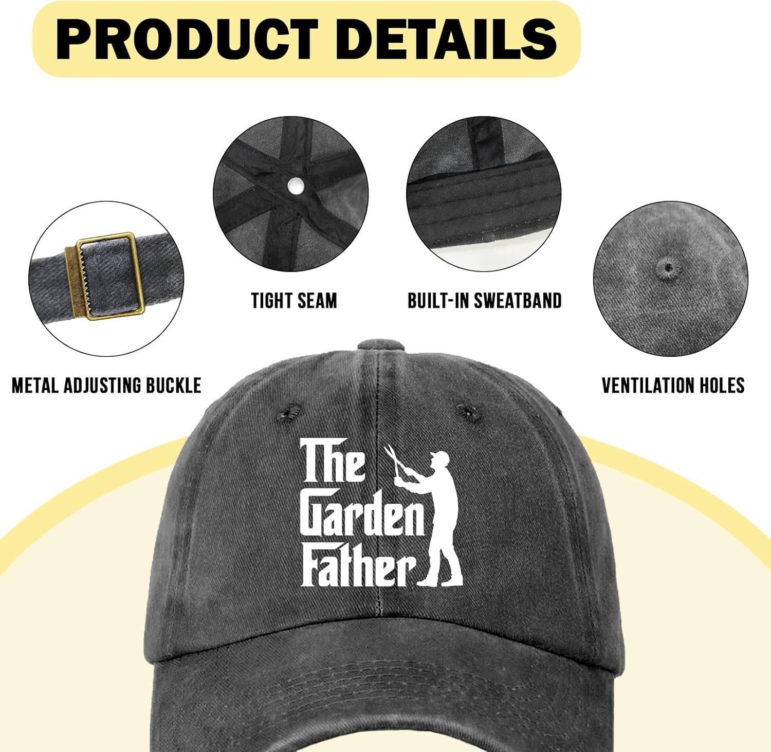 Funny Gardening Hat The Garden Father Cotton Adjustable Baseball Cap Men's Pure Printed Distressed Washed Black Baseball Hat Trendy Gardening Gift for Dad Grandpa Friend Neighbor Gardener - Image 3