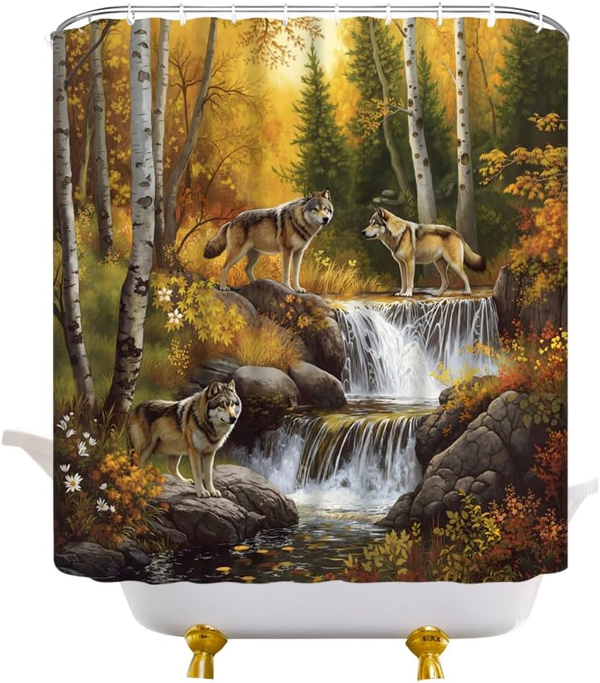 Wolf Shower Curtain Fall Autumn Forest Wild Animals Wildlife Hunting Rustic Cabin Fabric Bathroom Decor Curtains with Hooks, 70" Wx84 H