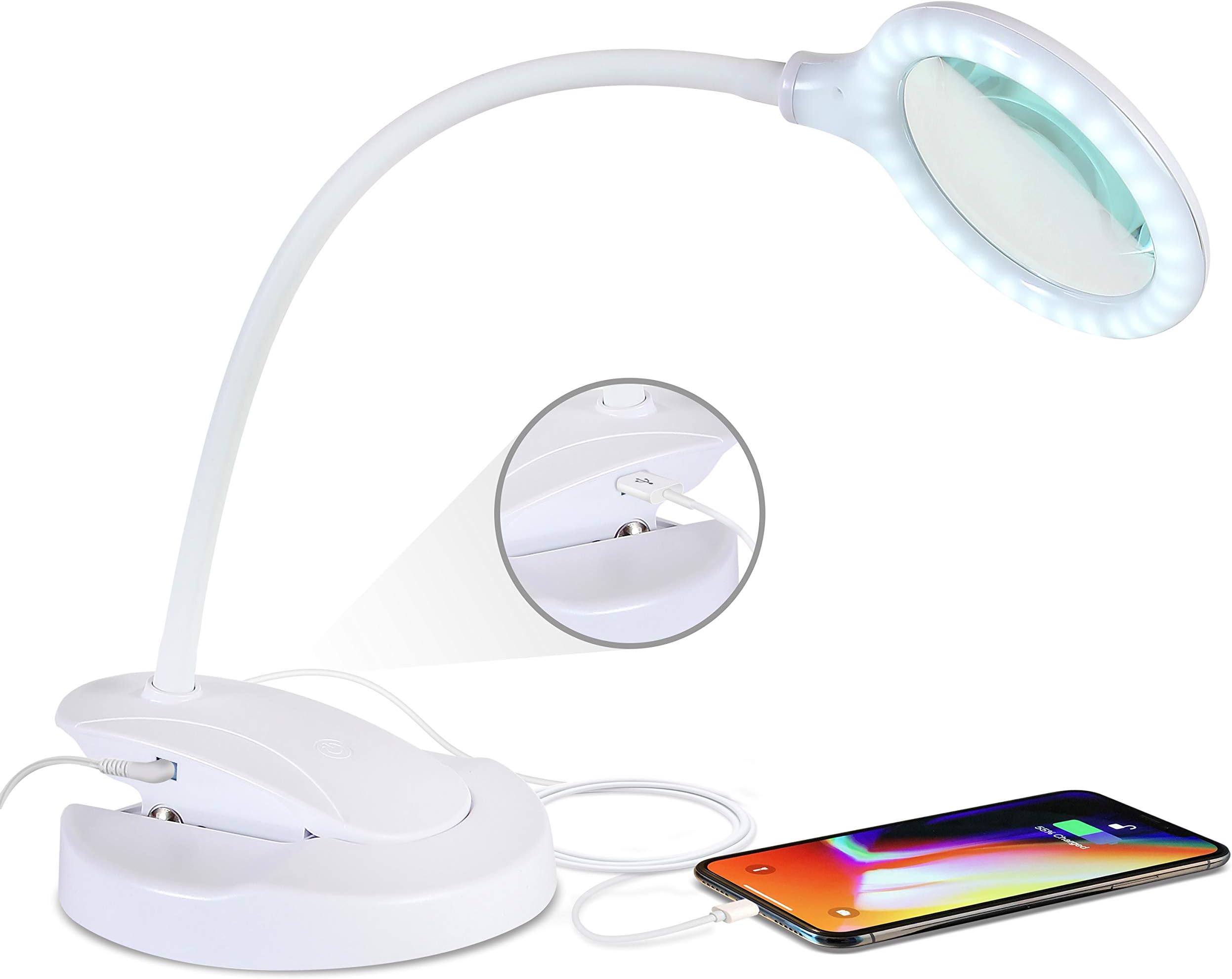 Brightech LightView Magnifying LED Desk Lamp with Stand, Clamp - 1.75x Light Glass Magnifier with USB Port - Dimmable Reading Lamp - White