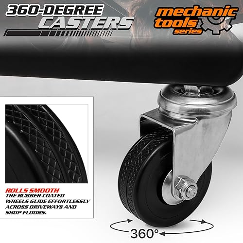 Miniatura 8 de M-AUTO Mecánico asiento de detallado de taburete, asiento móvil rodante con ruedas giratorias bloqueables, asiento de enrollador enrollable de