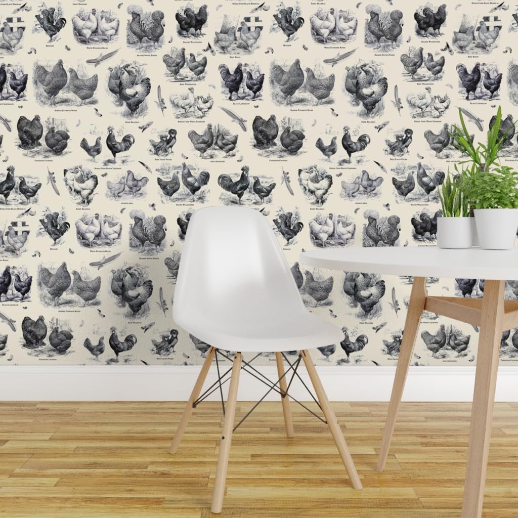 Removable Wallpaper 6ft x 2ft - Poultry Cream Black Toile Vintage Antique Victorian Historical Chicken Custom Pre-Pasted Wallpaper by Spoonflower