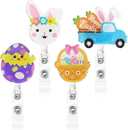 Xylolfsty 4 carretes de insignia de Pascua de acrílico retráctil para enfermera, con clip de cocodrilo, conejito con purpurina, huevo, zanahoria,