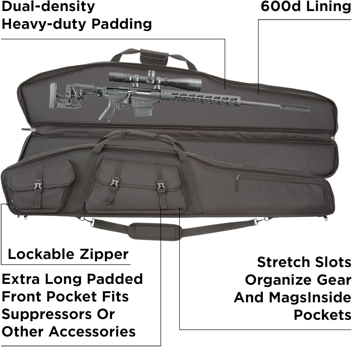 Allen Company Tactical Rifle Case - Padded Scoped Rifle Bag - Long Gun Soft Case with Padded Suppressor Pocket - 55IN Long Case - Velocity: Black or Camo Options