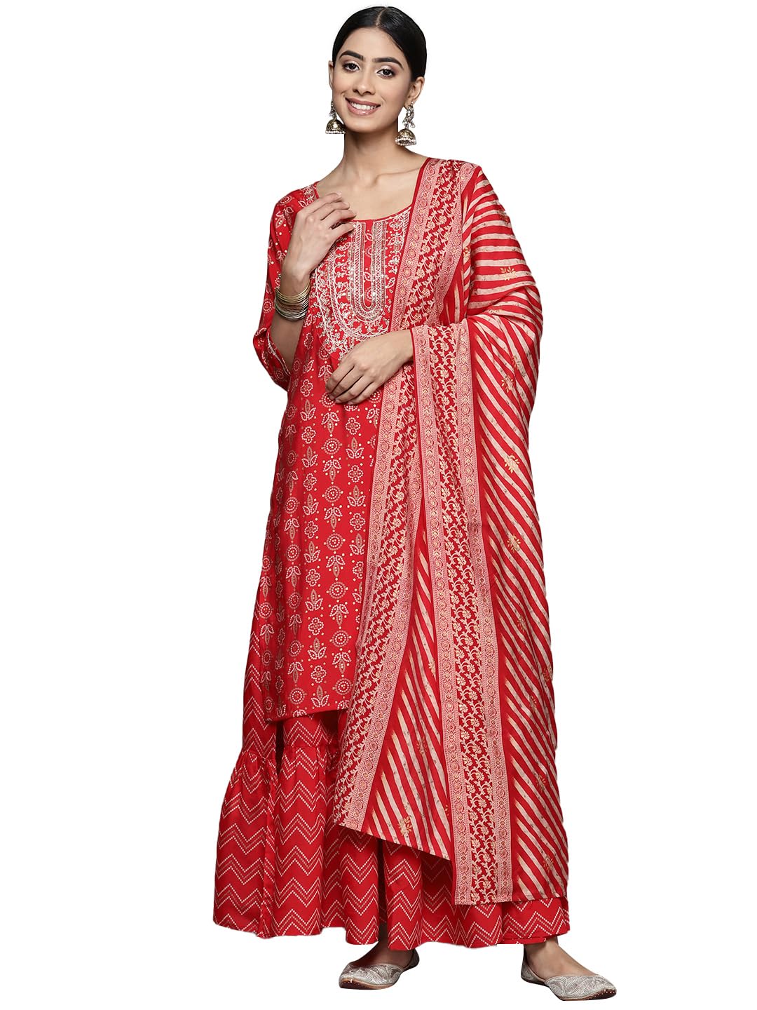 Libas Womens Yoke Design Silk Blend Straight Kurta With Skirt and Dupatta in neutral