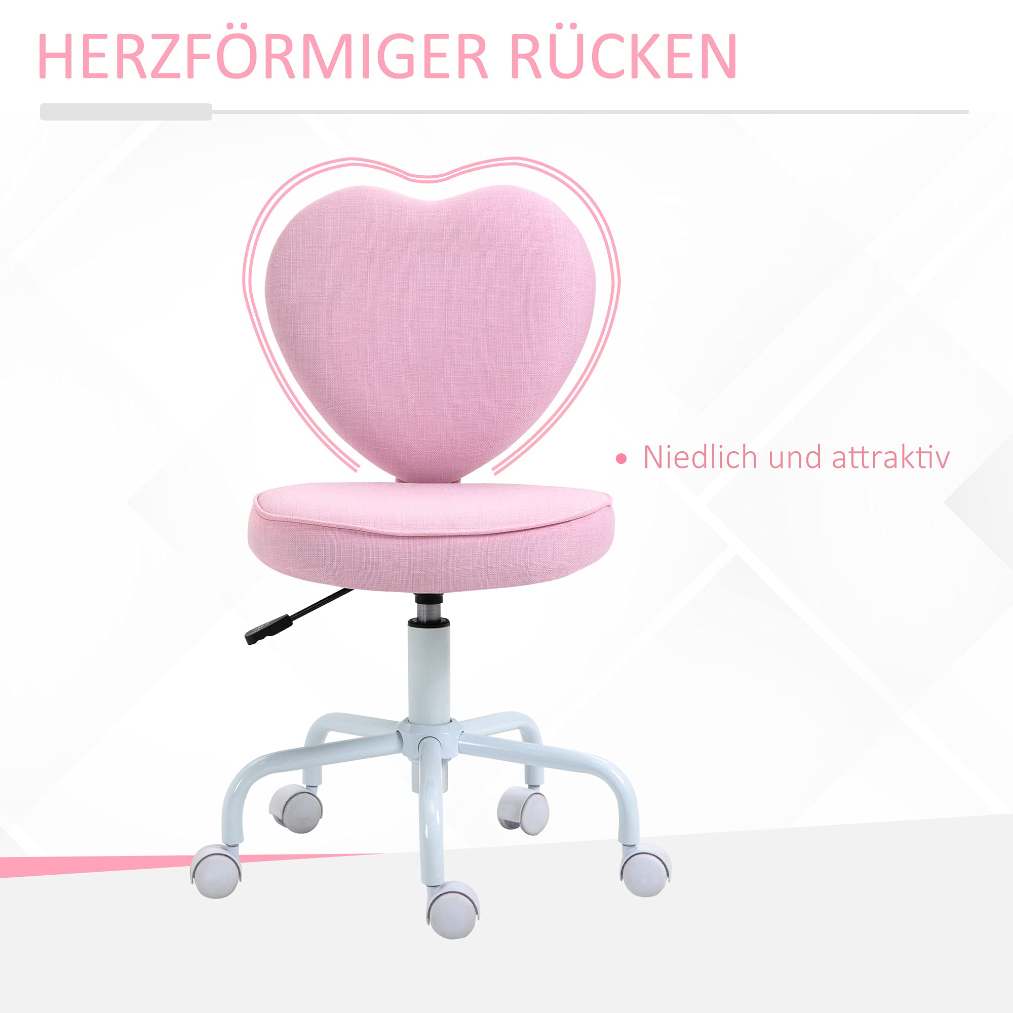 Chaise De Bureau En Forme De Cœur HOMCOM - 5 Roulettes Pivotantes, Hauteur Réglable, Tissu Rose - 42x50x79-89 Cm, Charge Max 120 Kg