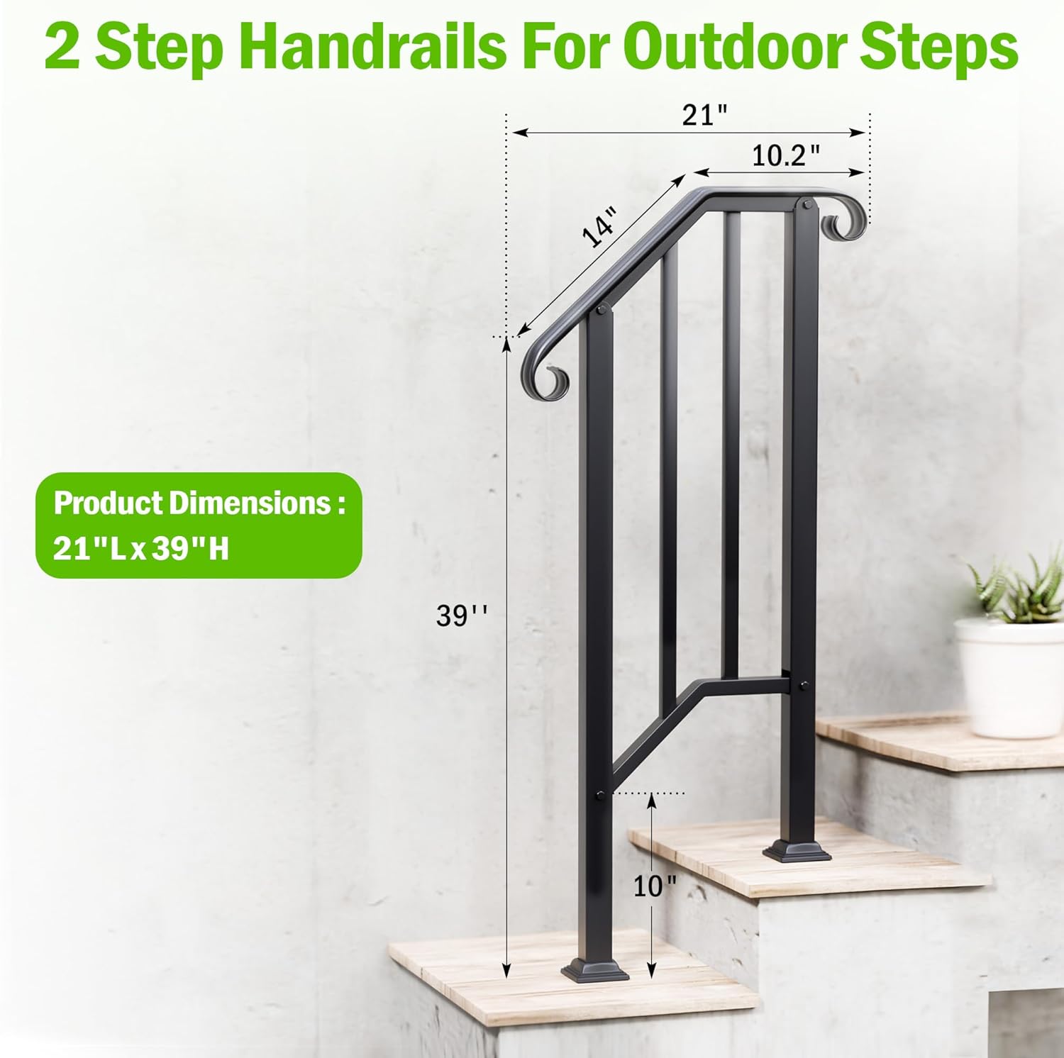 2 Pack 2 Step Handrails for Outdoor Steps, Wrought Iron Stair Railing Fits 1 or 2 Steps, Metal Hand Rail with Installation Kit, Staircase Handrails for Concrete, Porch, Deck, Exterior Steps, Black
