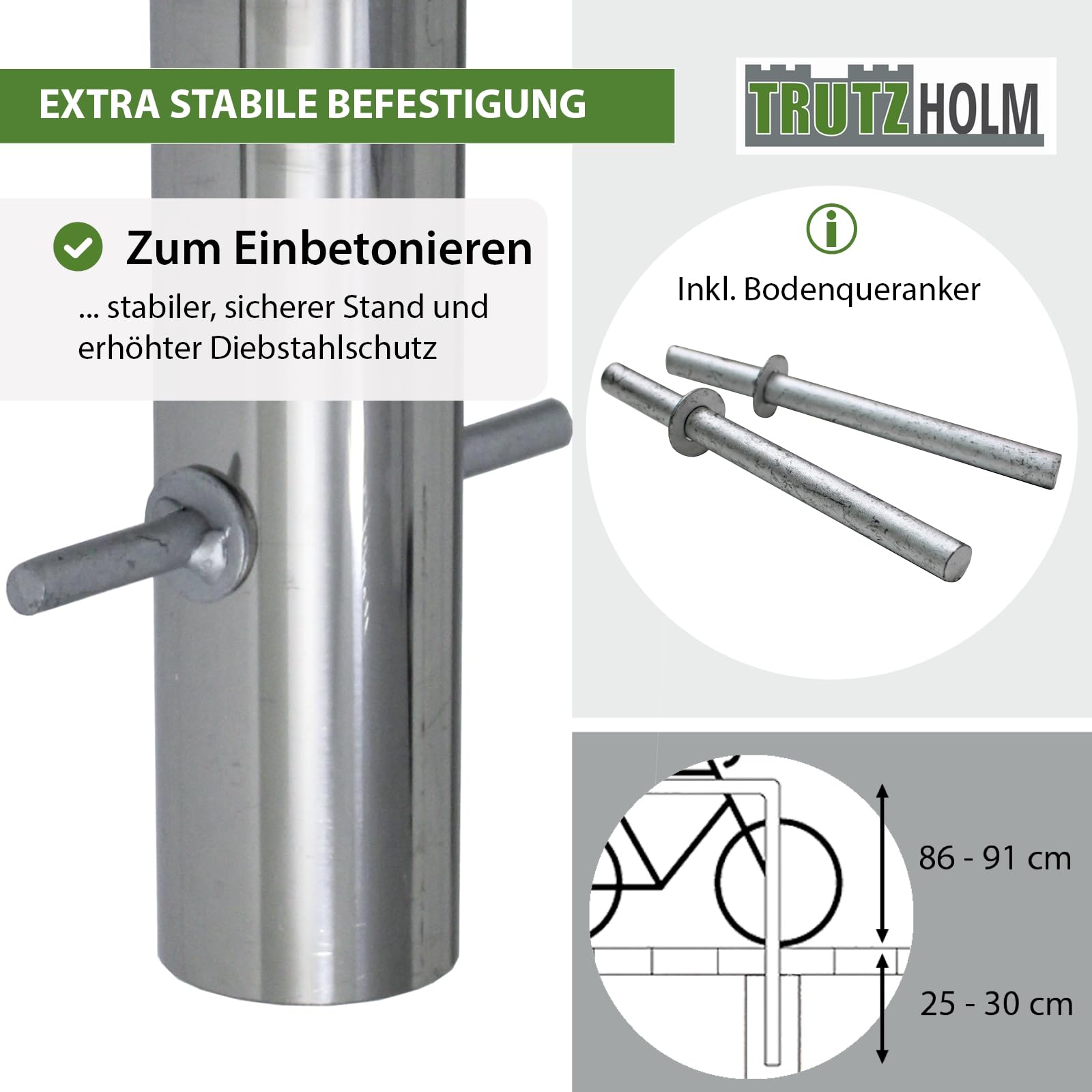 TRUTZHOLM Fahrradanlehnbügel aus Edelstahl 116x74 cm Ø 60 mm Anlehnbügel zum Einbetonieren Fahrradbügel Fahrradständer Parker Diebstahlsicherung Fahrrad Anlehner 2 Stellplätze