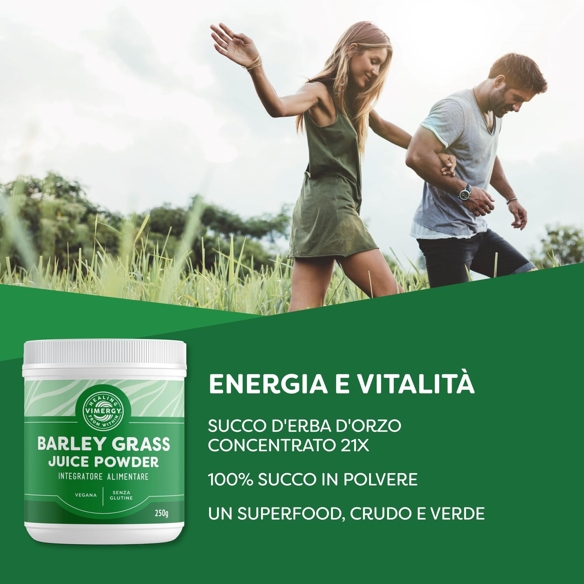 Vimergy Barley Grass Juice Powder, 62 Dosi – Erba d'Orzo in Polvere Super Green – Senza Antiagglomeranti, Riempitivi, Aromi, Zucchero – Vegano, Senza OGM e Senza Glutine (250 g)