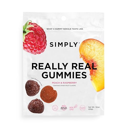 Miniatura 1 de Simply Fruit Gummies  Hechas con fruta real, melocotón y frambuesa, 1.8 onzas (paquete de 8), sin azúcar de caña + sin gluten + Kosher
