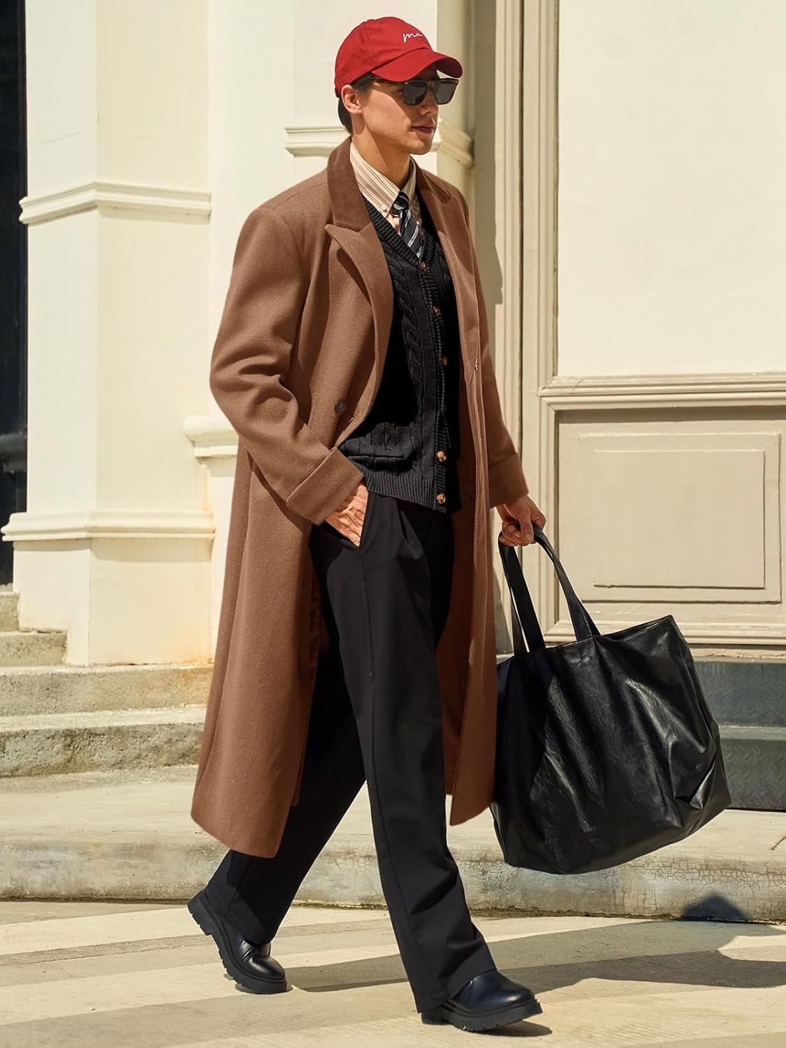 Runcati Mens Full Length Trench Coat Notched Lapel Long Jacket Double Breasted Classic Winter Overcoat - Image 4