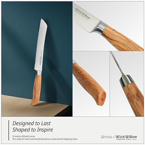 Miniatura 3 de Cuchillo de pan de 8 pulgadas  Cuchillo de masa madre de acero sueco de doble dentado con mango de madera de olivo italiano  Cuchillo dentado