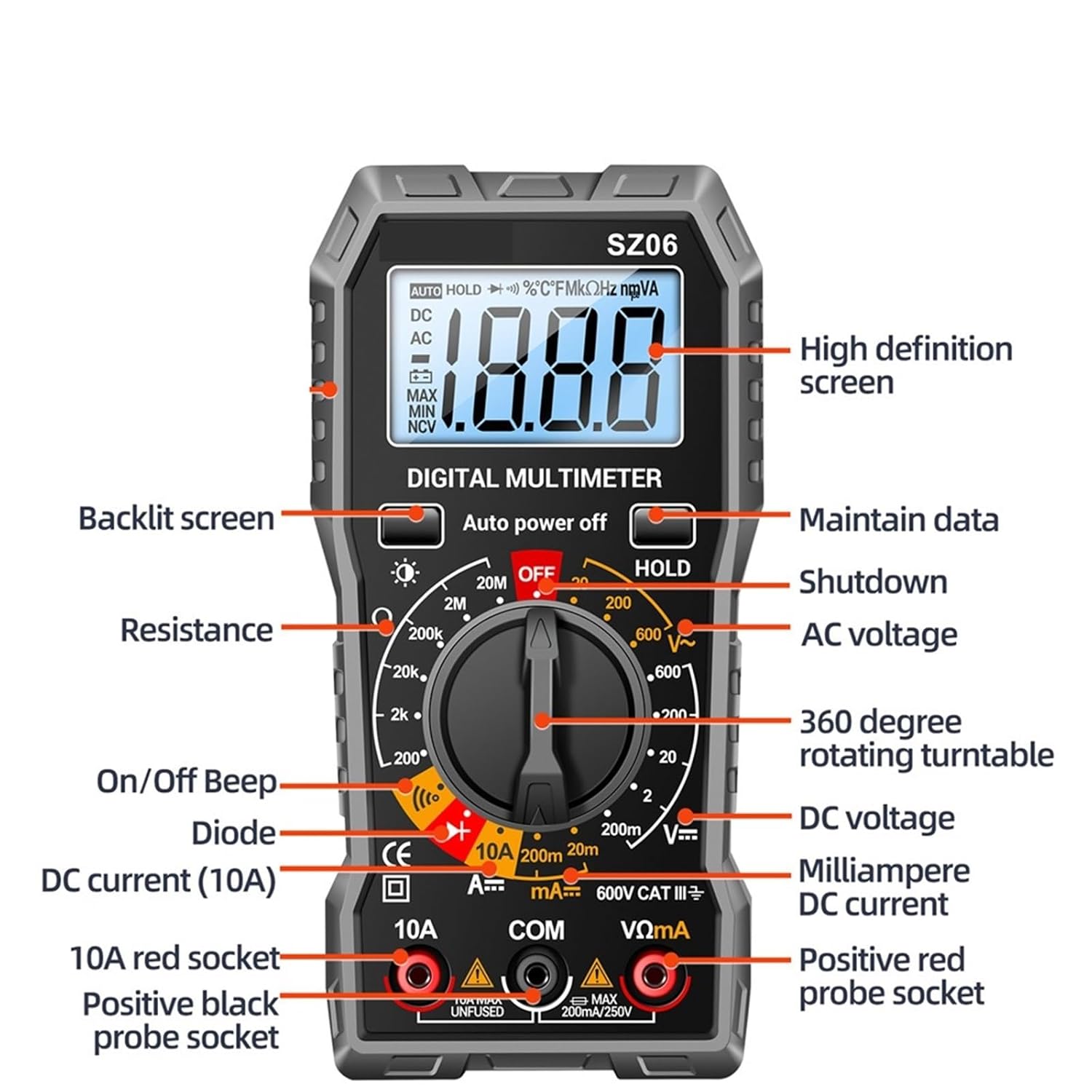 1pc SZ06 Digital Multimeter 2000 Count Storage Professional Meter Voltage Current Ohm Tester AC/DC Ammeter Voltmeter(Gray)