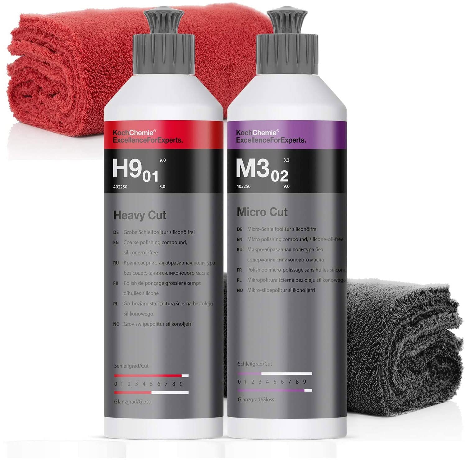 Koch Chemie - Juego de Abrillantador Heavy Cut Abrasive y Micro Cut Pulido Fino, 250 ml Cada Uno + 2 Paños de Microfibra, 40 x 40 cm, 550 g/m²