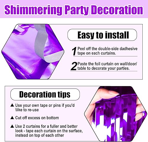 Miniatura 3 de Paquete de 3 cortinas de flecos de papel de aluminio morado, 3.28 pies x 8.2 pies, cortinas metálicas de oropel con flecos para cabina de fotos,