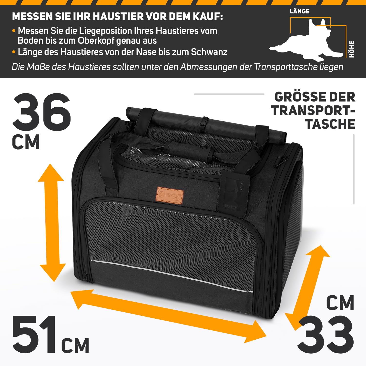 PETPROVED Transportbox Katze Hund Hundetasche für Kleine Hunde Katzentransportbox Katzen Transportboxen Hundetragetasche Tragetasche Hund Katzentasche Katzenbox Katzenkorb Transport (L Schwarz)