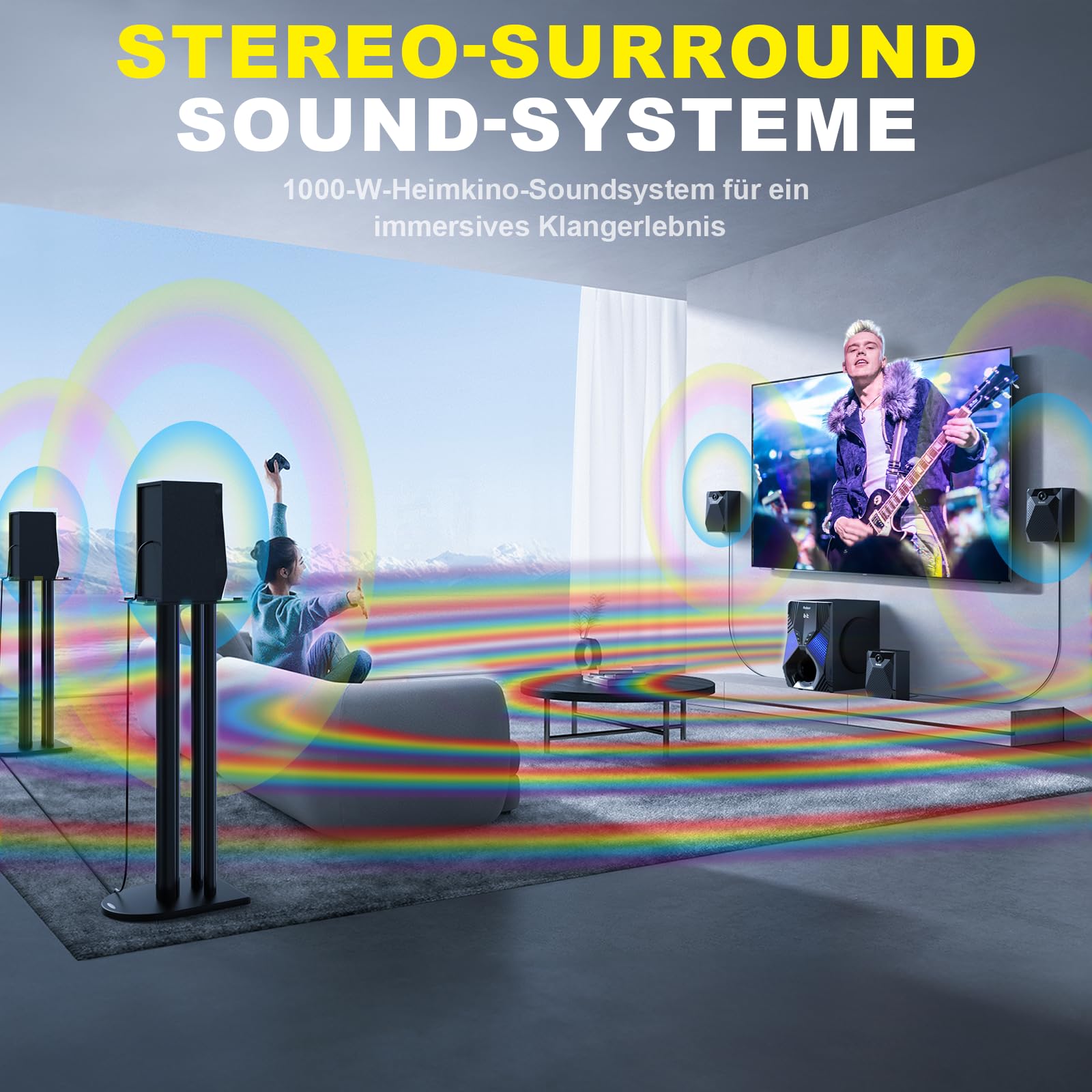 1000-W-Surround-System, 8-Zoll-Subwoofer, 5.1 soundsystem Heimkino, tiefen Bässen, ARC-Unterstützung, optischem Bluetooth-Eingang und Karaoke-Funktion US-zu-EU-Steckeradapter im Lieferumfang enthalten