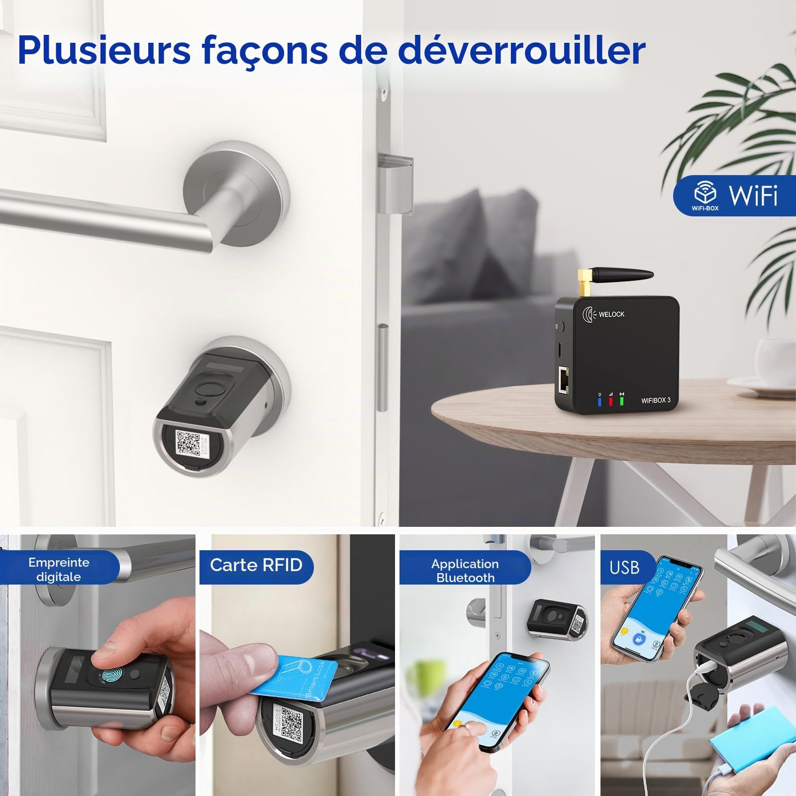 RUILON Touch41 Serrure Empreinte Digitale avec 1 WIFIBOX 3 Cartes RFID | 40x30 Serrure connectée biometrique, IP65, Commande à distance, Intelligente, Portes 50-100 mm, Chambre Maison Bureau