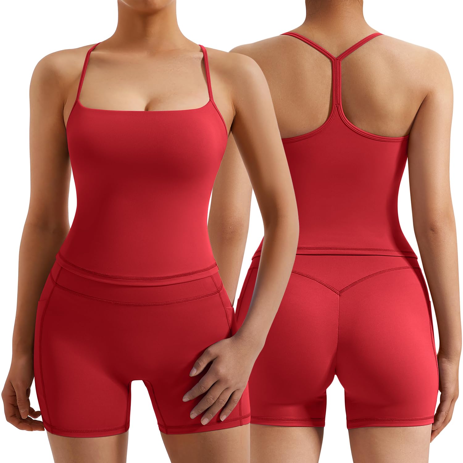 RXRXCOCO Ensemble de sport dos nageur pour femme, 2 pièces, débardeurs, rembourrés, avec short Scrunch caché, tenue de fitness avec poches