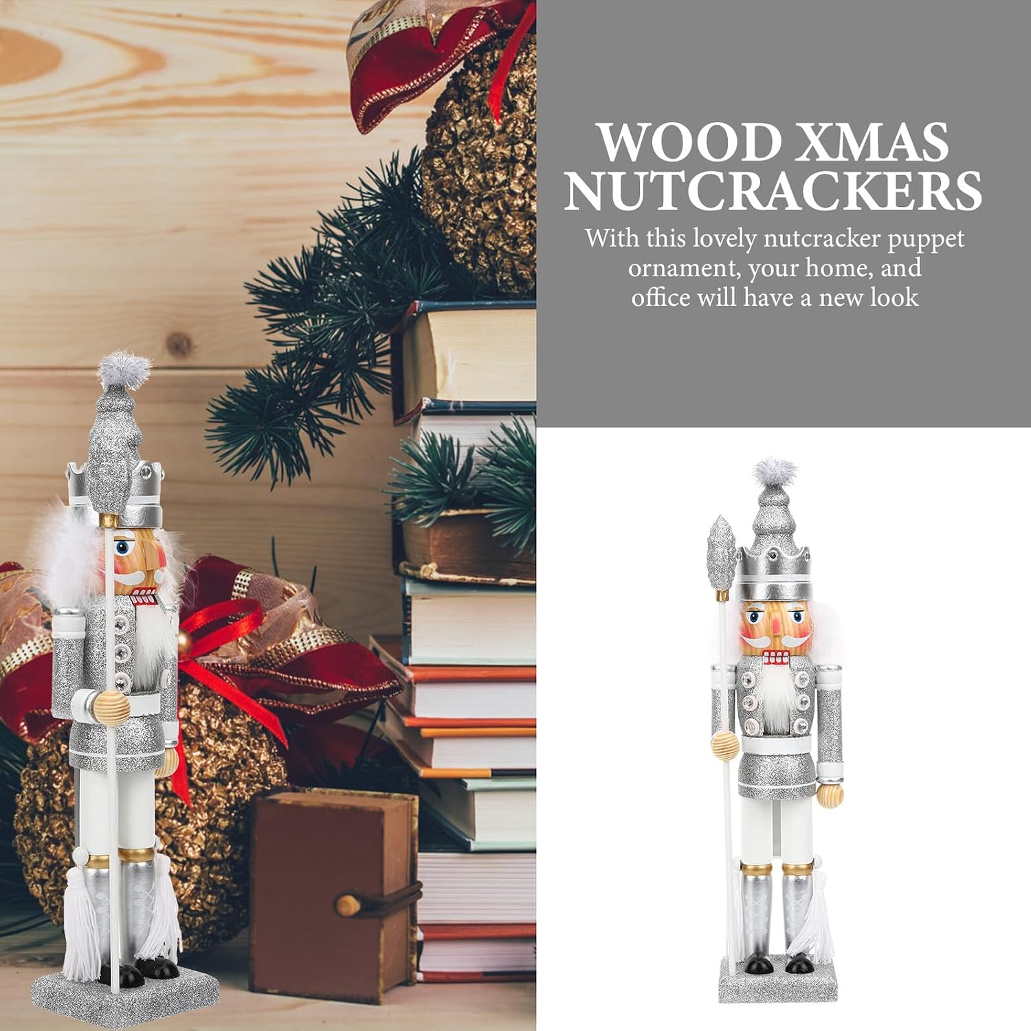 TIDTALEO Wooden Nutcracker Soldier Figurine Silver Christmas Nutcracker Desktop Decor Xmas Party Table Ornament