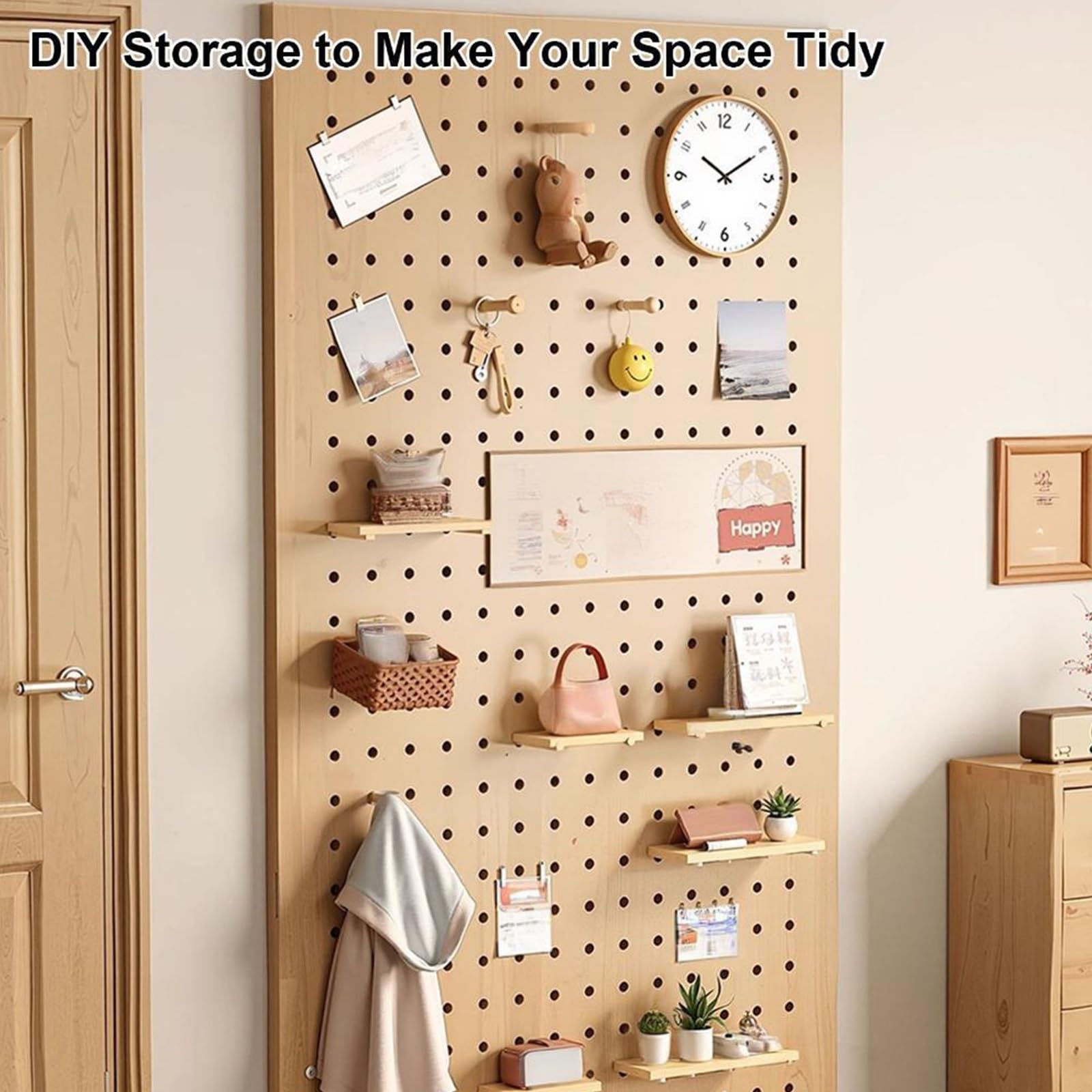 Wand-Organizer aus Holz Stecktafel, Pegboard mit Schwebenden Regalen und Holzstäben, Ausstellungsstand für Eingang, Wohnzimmer, Büro(White)