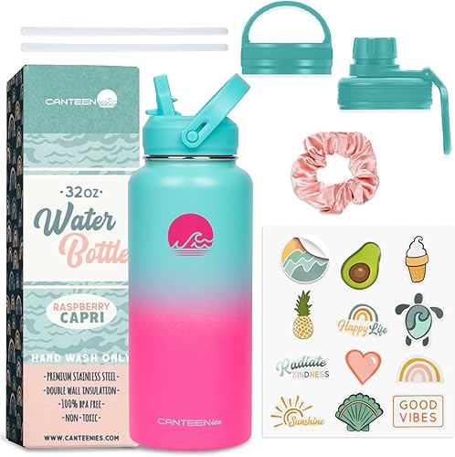 Botella de agua para niños para la escuela, 32 onzas, tapa con popote, calcomanías, Scrunchie, acero inoxidable aislado al vacío de doble pared,
