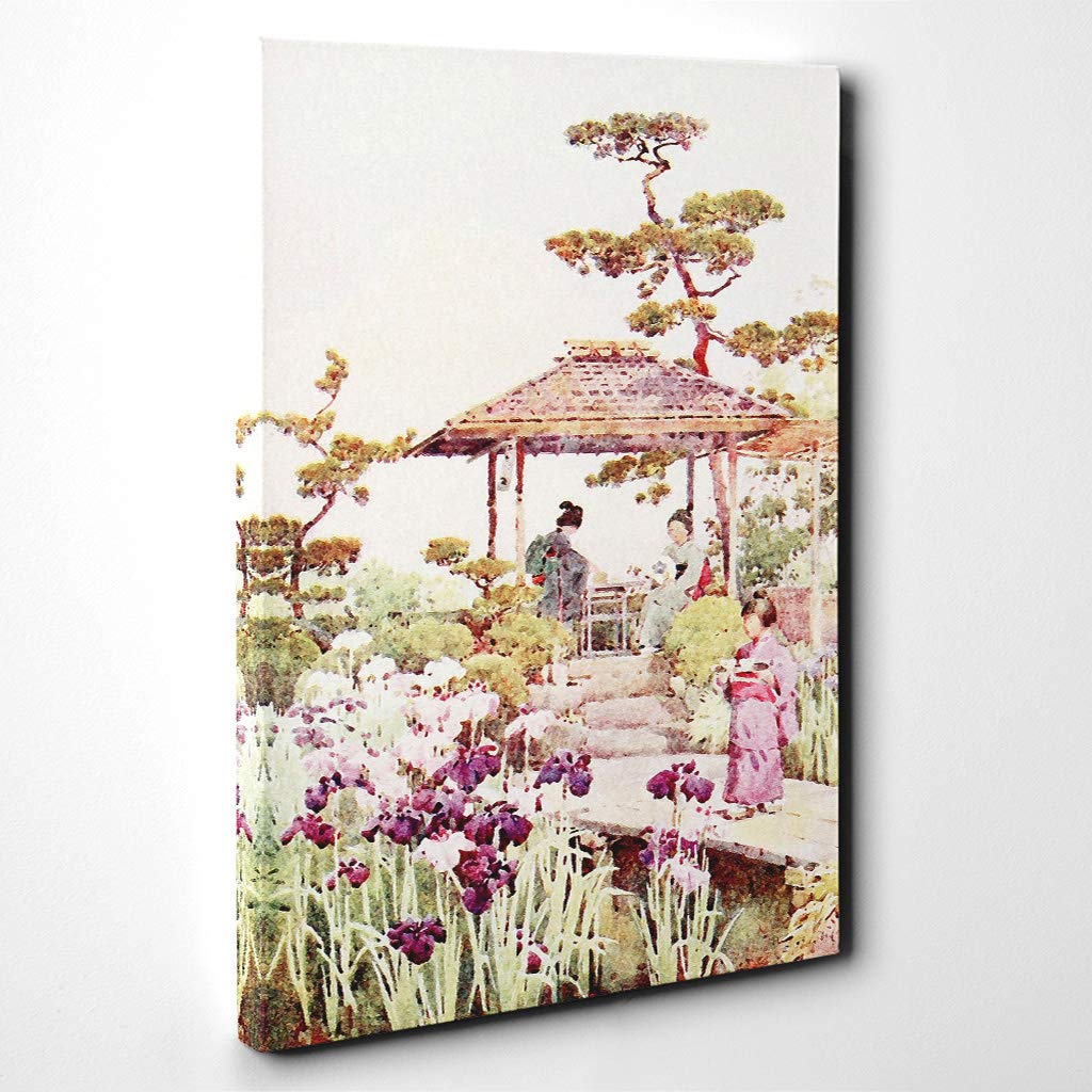 Ella Du Cane Japanese Oriental an iris Garden Canvas Print | Gallery Wrapped 30mm Frame Wall Art | 24x16 inches | Ready to Hang | Asian Floral Picture | Living Room Bedroom Lounge Office