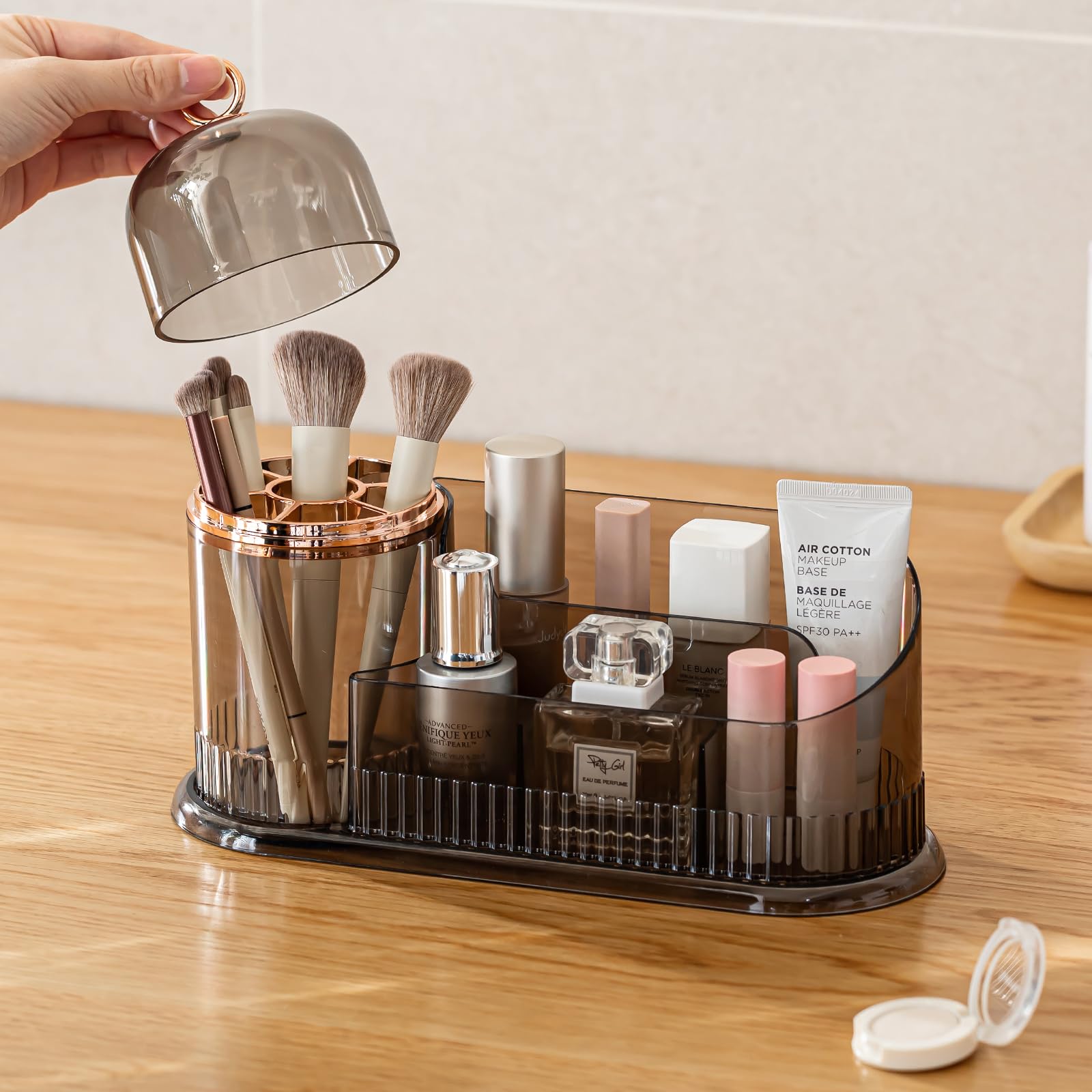 CANITORON Makeup Organizer for Vanity and Bathroom Storage, Skincare Organizer with Makeup Brush Holder, Partitioned Storage Cosmetic Display Case, Gray