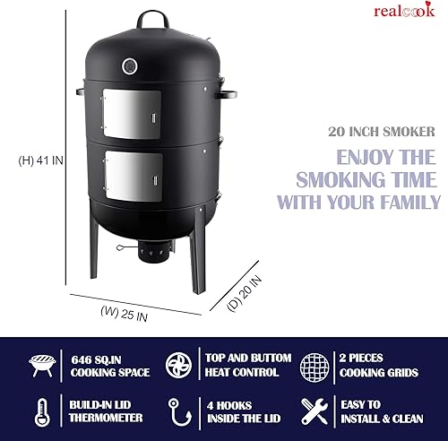 Miniatura 3 de Realcook Parrilla ahumadora de carbón para barbacoa - Ahumador vertical de 20 pulgadas para cocinar y asar al aire libre