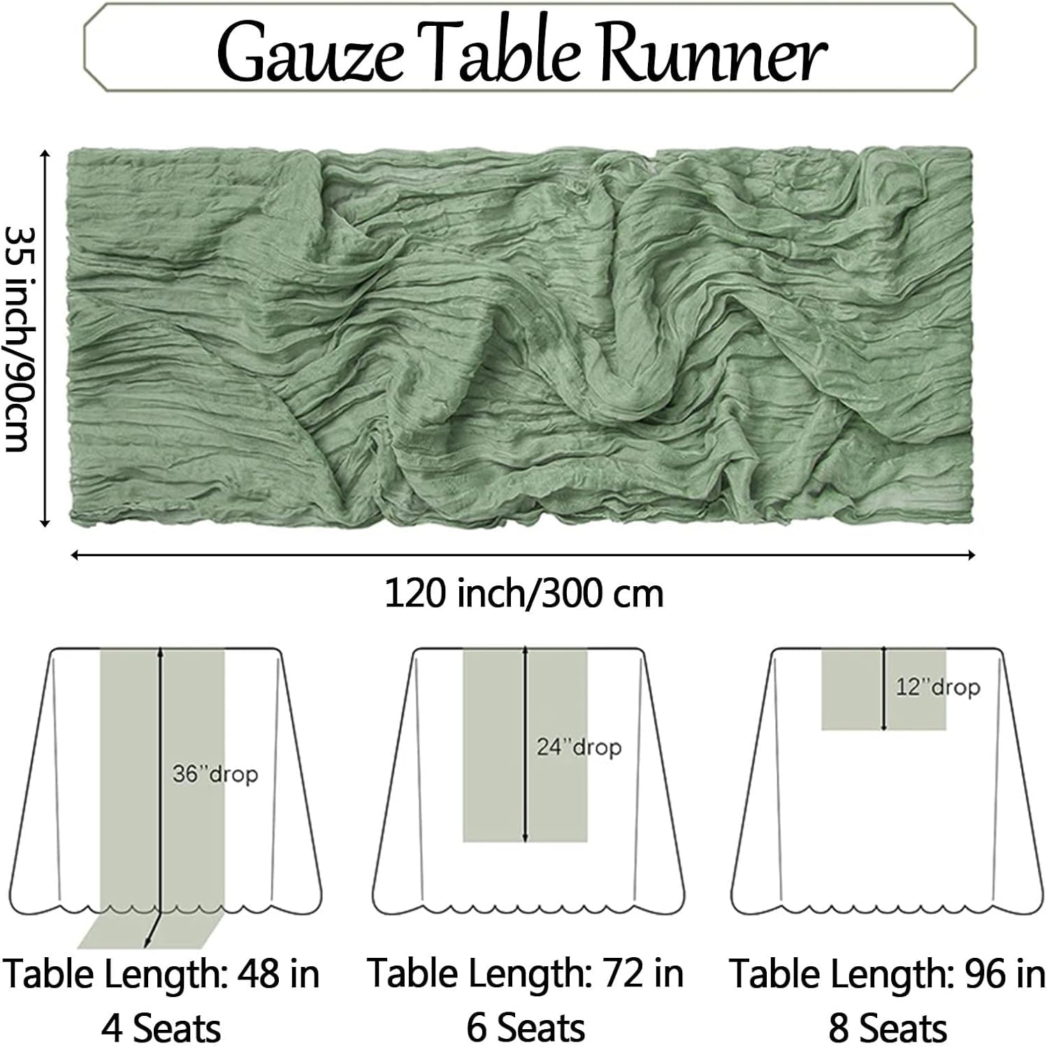 6 Pack Green Cheesecloth Table Runner 35x120 Inches 10FT Long Boho Gauze Rustic Sheer Tablecloth for Wedding Bridal Shower Baby Shower Birthday Party Table Decor Christmas Thanksgiving Home Decor