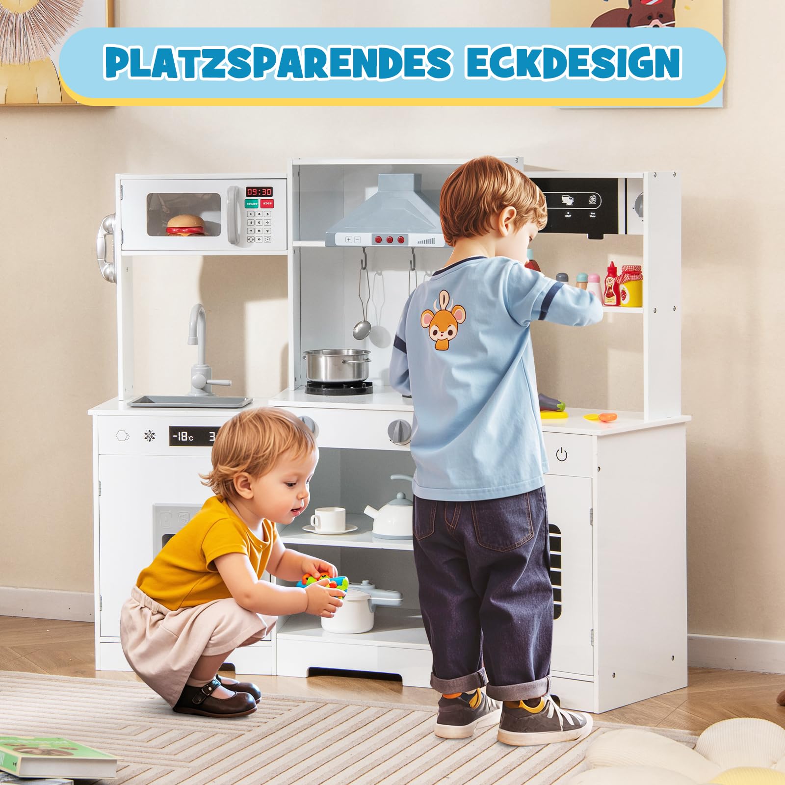 GOPLUS Kinderküche Holz, Spielküche Kinder mit Licht und Sound, Spielzeugküche mit Zubehör, Dunstabzugshaube, Eismaschine, Spüle, Mikrowelle & Ofen, Kinderspielküche für Kinder ab 3 Jahren (Weiß)