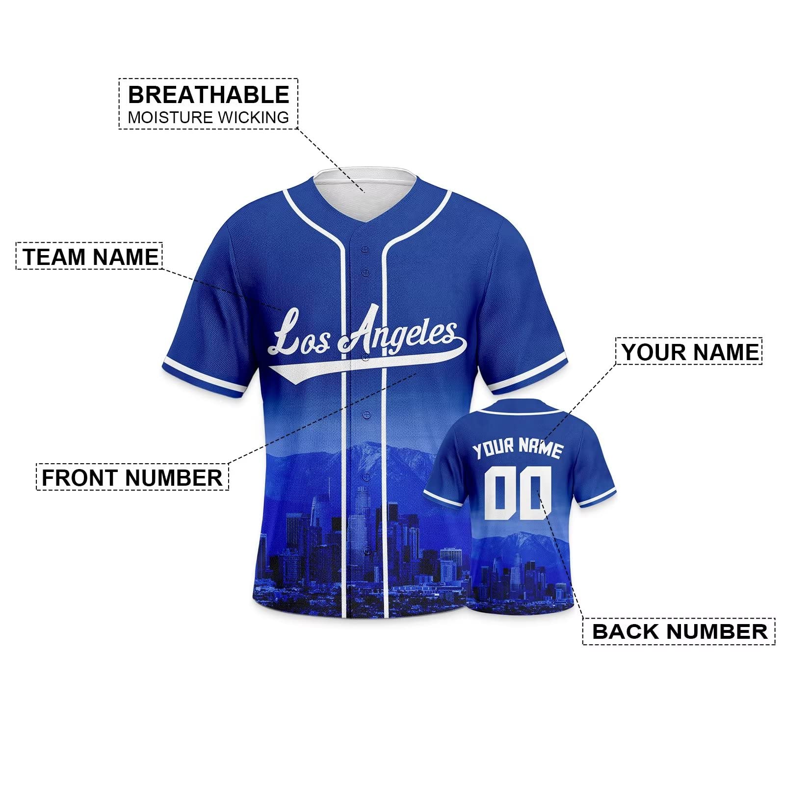 Kannva Custom Baseball City Night Skyline Jerseys Printed or Stitched Personalize Your Name& Number for Fans Gifts Jersey Men Women Youth S-5XL, Blue-white 3
