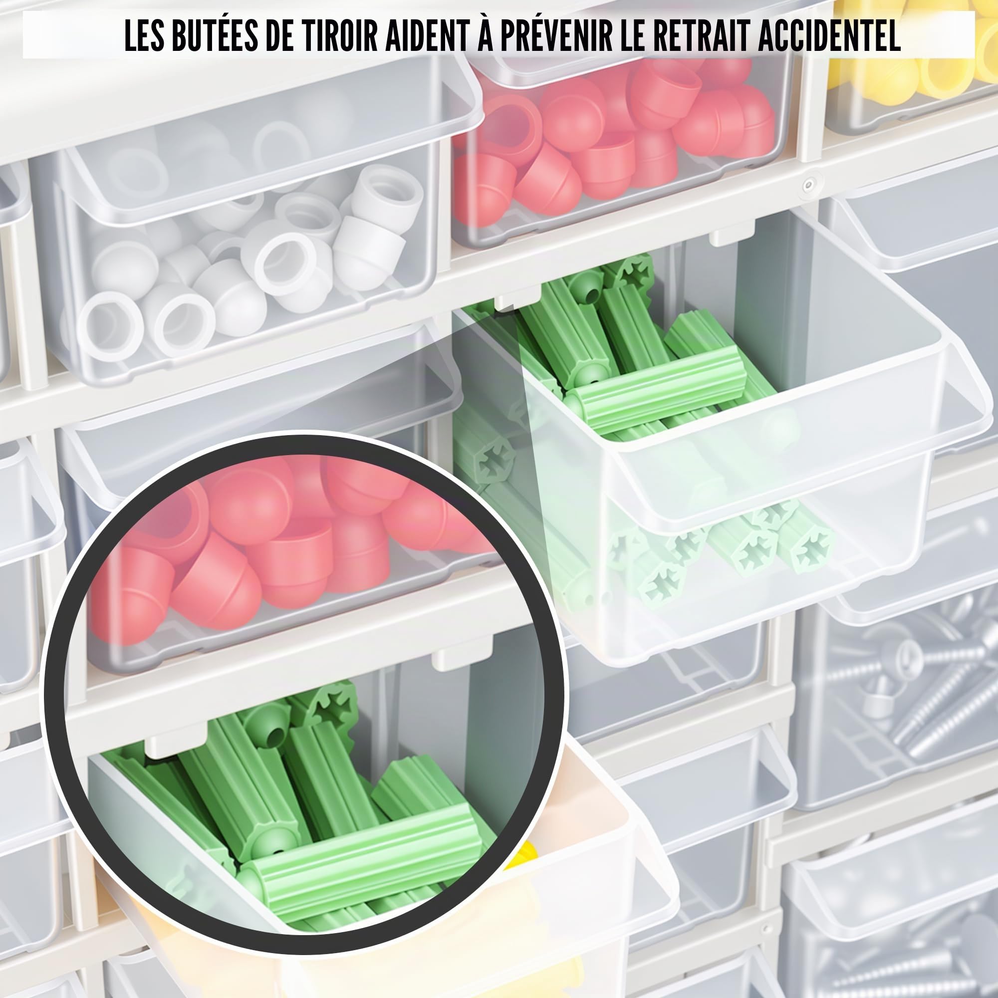 CraftGenes Meuble de rangement à vis à 30 tiroirs avec tiroirs coulissants lisses et séparateurs réglables - Meuble mural robuste en plastique pour garage, atelier et bricolage, vis, perles - Gris