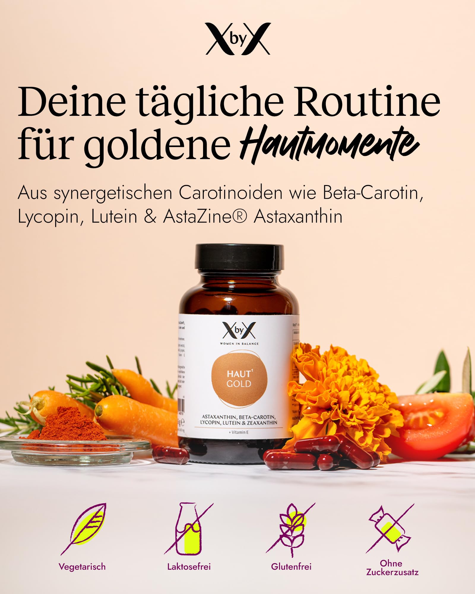 XbyX Haut Gold 60 Kapseln - Carotinoid-Komplex mit Astaxanthin & Vitamin E – Unterstützt die Haut von Innen - Ohne Zusätze - 100 % Pflanzlich - Vegan
