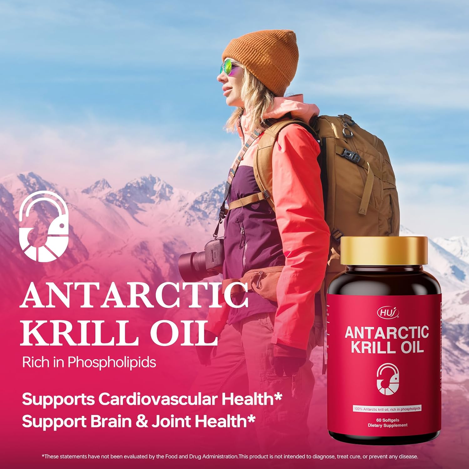 HUJ Antarctic Krill Oil 1000mg with Omega-3s EPA, DHA, Astaxanthin, Phospholipids and Choline - Sustainably Sourced - 60 Softgels
