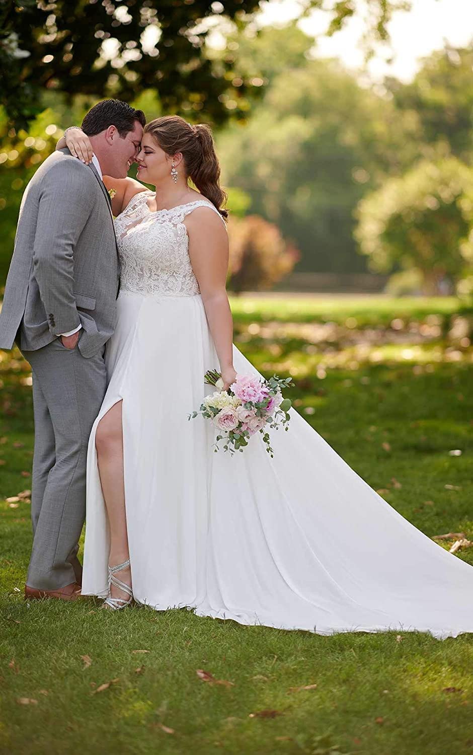 Spitze Hochzeitskleid Brautkleider A line Lang V-Ausschnitt Tüll Standesamt Brautmode Brautkleider