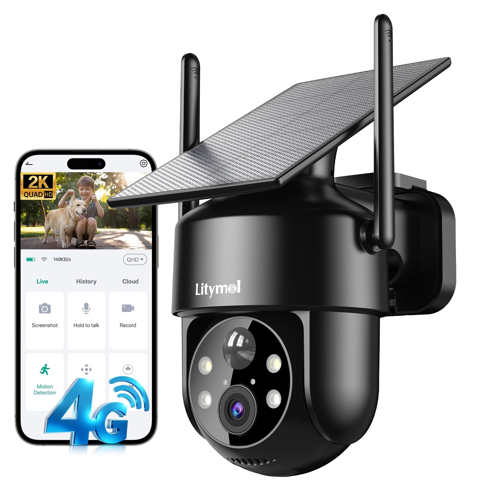 LITYMOL 4G LTE Cellular Security Camera, 2K Outdoor Camera Wireless with 360° View, Color Night Vision, AI Detection, 2-Way Audio, Spotlight Siren Alarm, SD/Cloud Storage