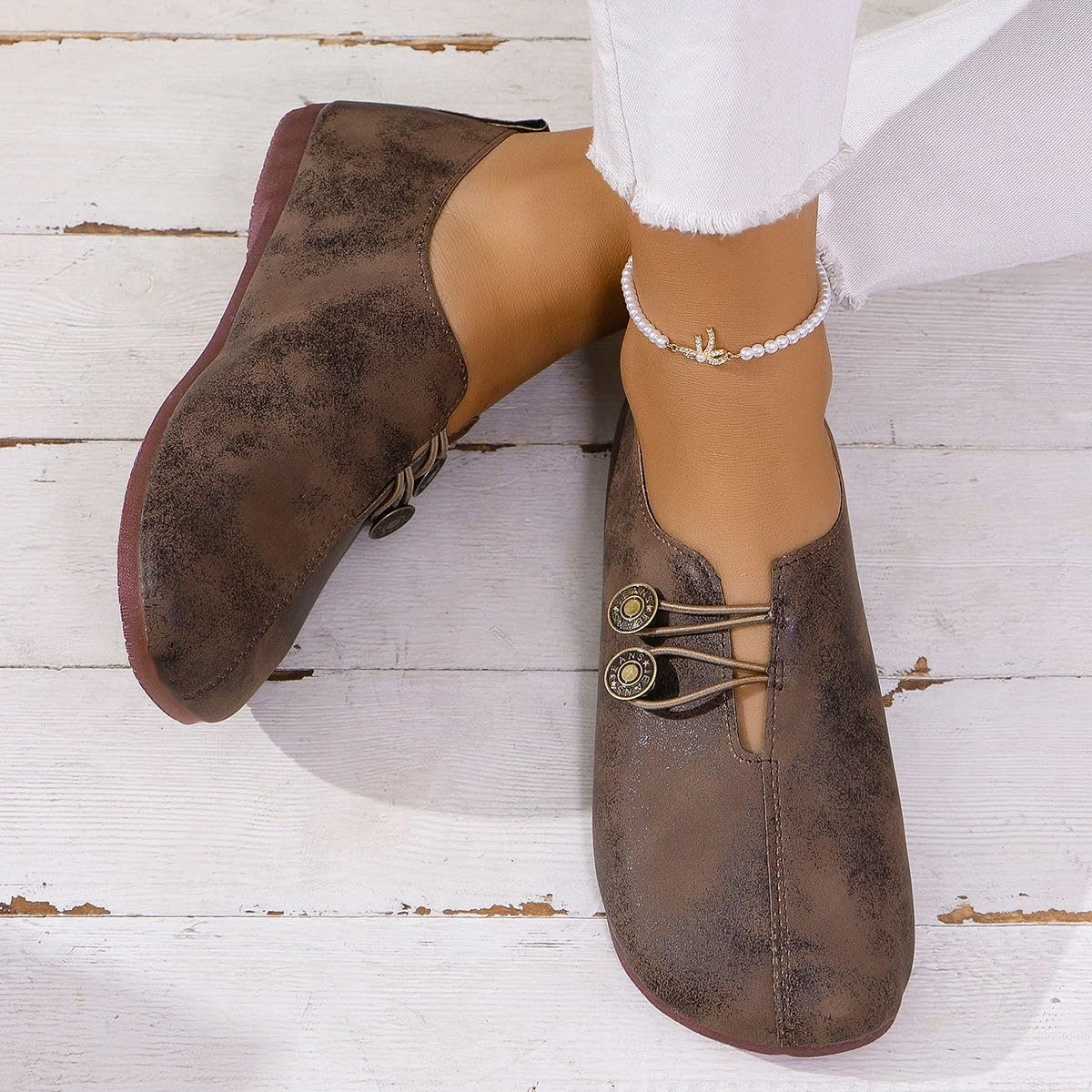 Zapatos ortopédicos suaves y flexibles, mocasines retro de ajuste ancho para mujer, ligeros, cómodos, ortopédicos, de gamuza de ballet, sin cordones, zapatos planos elásticos con botones para mujer