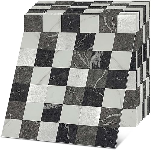 Miniatura 2 de Crystiles Medley - Azulejos de PVC y aluminio de 12 x 12 pulgadas, para despegar y pegar, mármol negro y metal cepillado, paquete de 12 unidades
