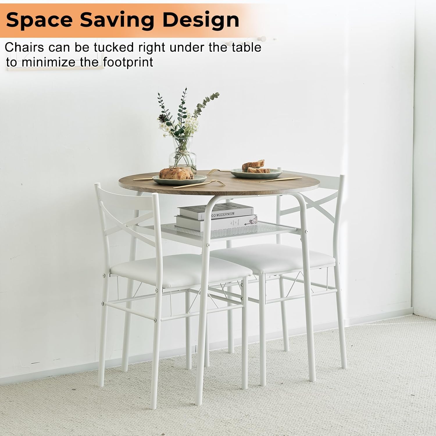 VINGLI 3 Piece Round Dining Set,29.5" Small Dining Table Set for 2,Round Kitchen Table with 2 Chairs Set for Small Space/Dining Room/Apartment,Upholstered Chairs,Metal Frame,Storage Shelf (White)