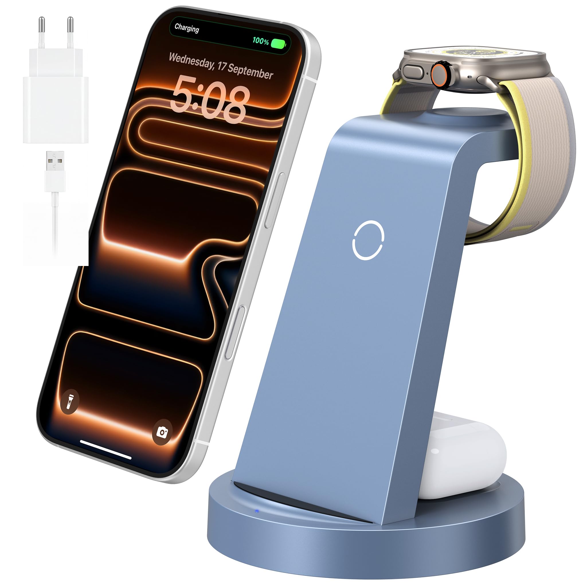 3 in 1 für iPhone Ladestation Schnelles Kabelloses Ladegerät - Wireless Charger für iPhone 17 Air 16e 16 15 14 13 12 11 X Pro Max & für Apple Watch und für Air Pods 4 3 2 Pro mit 18W Adapter (Blau)
