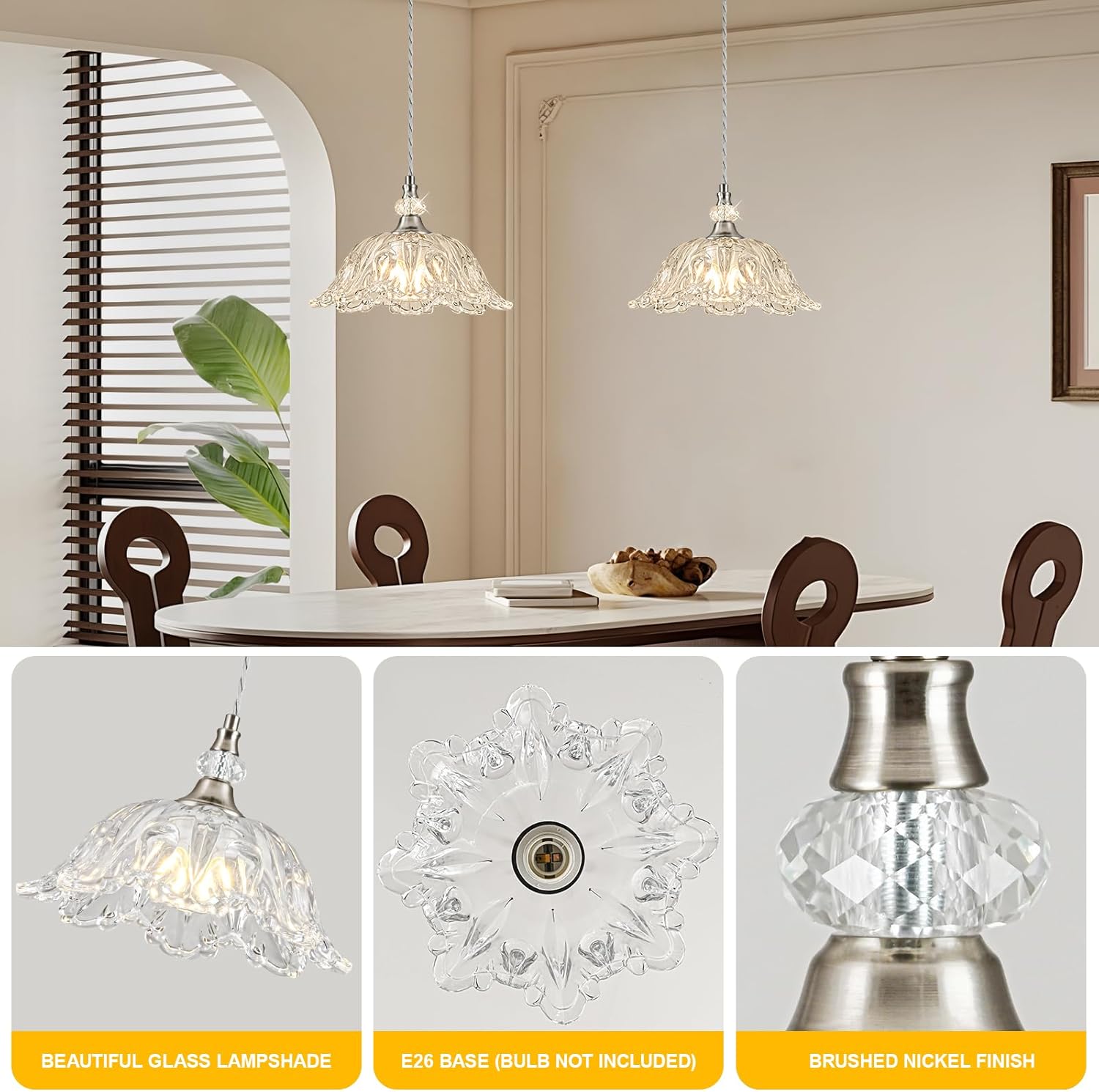 1 Piece Brushed Nickel Chandelier Light Fixtures with Glass Shade, Brushed Nickel Finish Pendant Light,Hanging Light for Dining Room,Hallways,Living Room,Bedroom