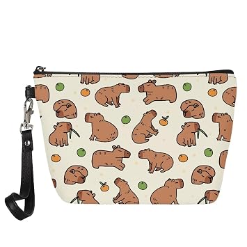 COEQINE Makeup Bag Travel Cosmetic Bag PU Leather with Capybara Pattern for Women Waterproof Tote Purse Handbag Organizer Toiletry Kit