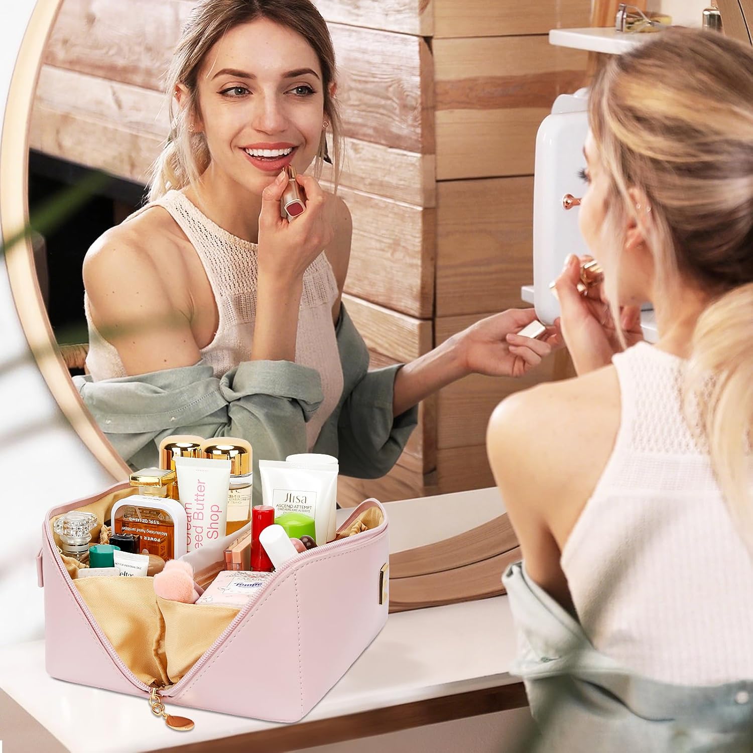 Birthday Gifts for Women Teen Girl, Personalized Initial Makeup Organizer Bag Set, Open Flat Travel Cosmetic Bag With Clear Divider and Handle(Pink,A) - Image 7