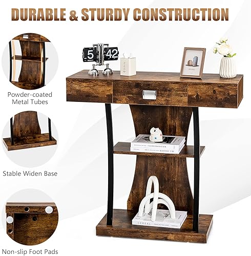 Miniatura 5 de GOFLAME Mesa de consola de 3 niveles con estantes mesa de entrada de madera con dispositivo antiderrocamiento y tubos de metal de apoyo mesa de sofá