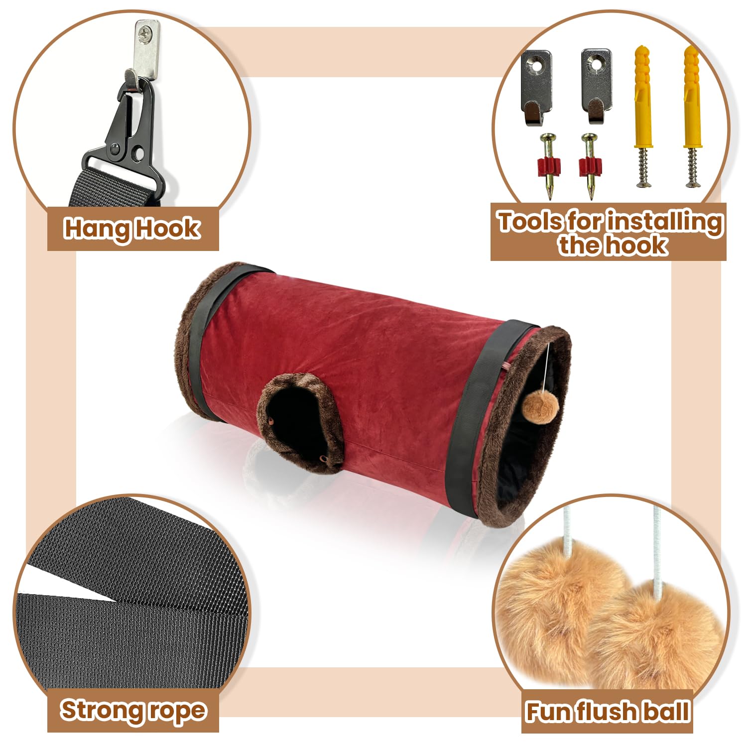 Cat Wall Shelves and Tunnel - Long Toys, Furniture, Hammock, Perches for Pet Play and Rest, Claret - Image 3