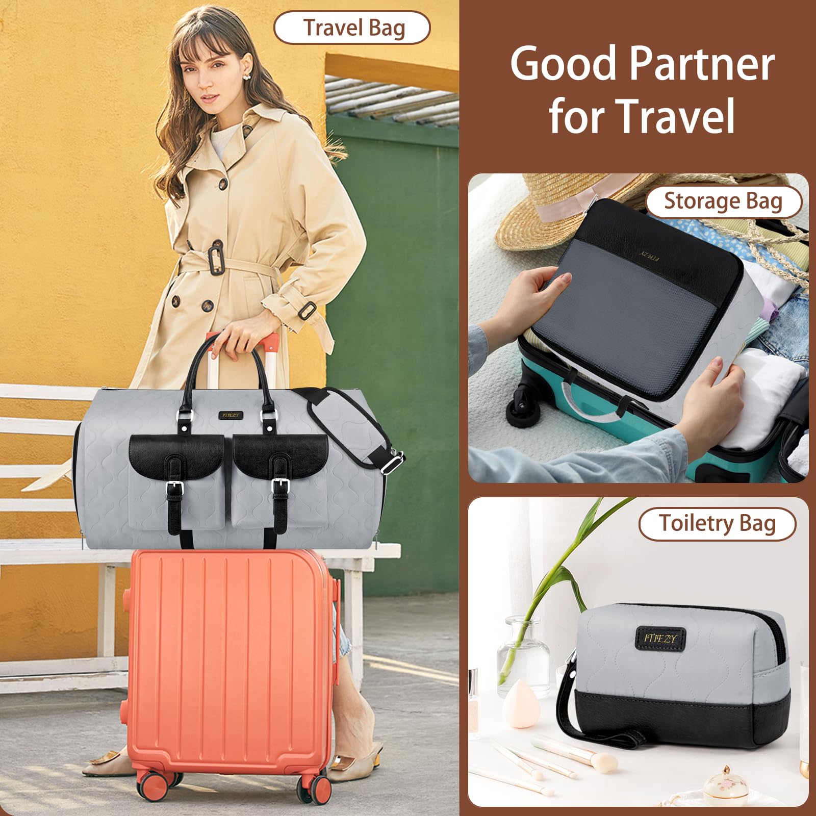 Kleidertasche für Reisen, wandelbare Handgepäcktasche für Damen und Herren, große Wochenendtasche mit Schuhtasche, 2-in-1, zum Aufhängen, Reisetasche, 3-teiliges Set, GRAU