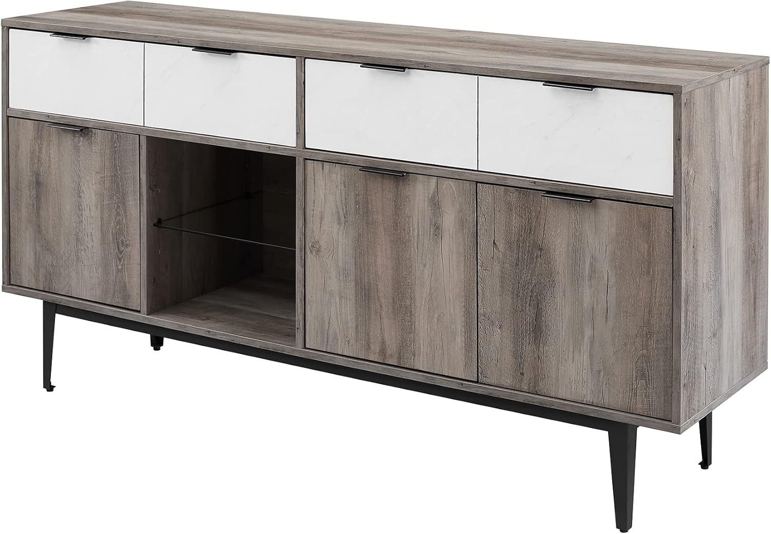Walker Edison Modern Farmhouse 4 Drawer Wood Buffet Sideboard-Entryway Serving Storage Cabinet Doors-Dining Room Console, 60 Inch, Grey Wash