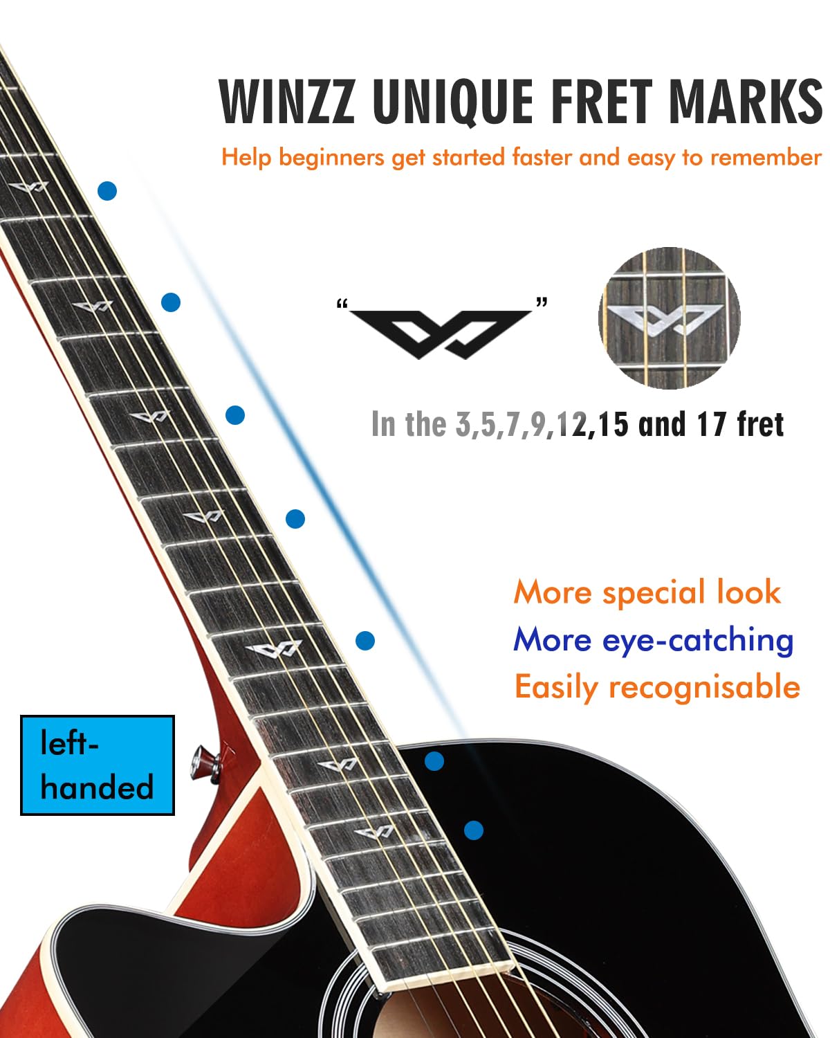 Winzz 4/4 Gitara Elektroakustyczna, Leworęczna Gitara Westernowa, Zestaw dla Dorosłych Początkujących, Gitara Akustyczna 41 Cali z 4-pasmowym Ekwalizerem (Dreadnought, Połyskujący Sunburst)