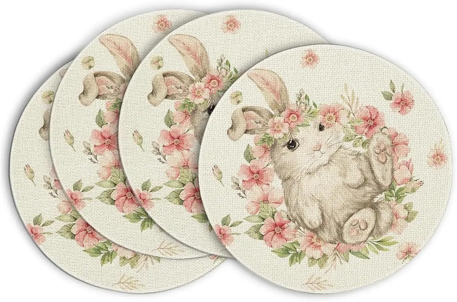 Easter Round Placemats Set of 4, 14 Inch Bunnys Carrot Eggs Spring Farmhouse Round Table Mats for Easter Party Dining Decoration(4p)