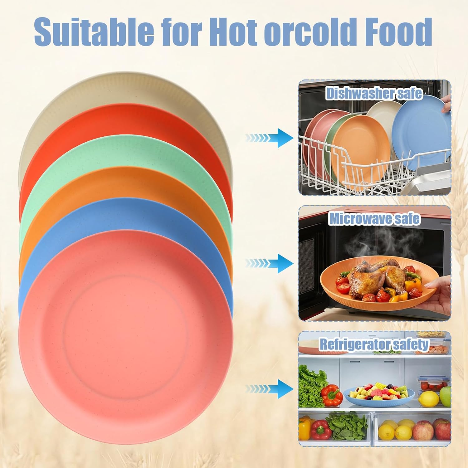 12-Pack Unbreakable Dinner Plates Set, 9 Inch Wheat Straw Plates, Microwave & Dishwasher Safe, Lightweight Reusable Plate for Home, Camping, Party (6 Colors)